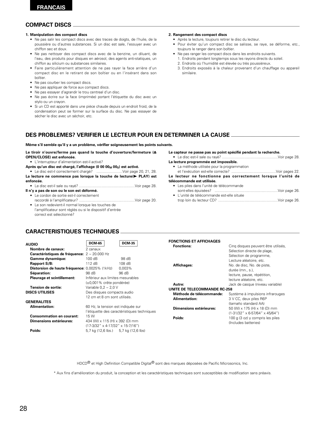 Denon DCM-65/35 manual Caracteristiques Techniques, Discs Utilises, Generalites 