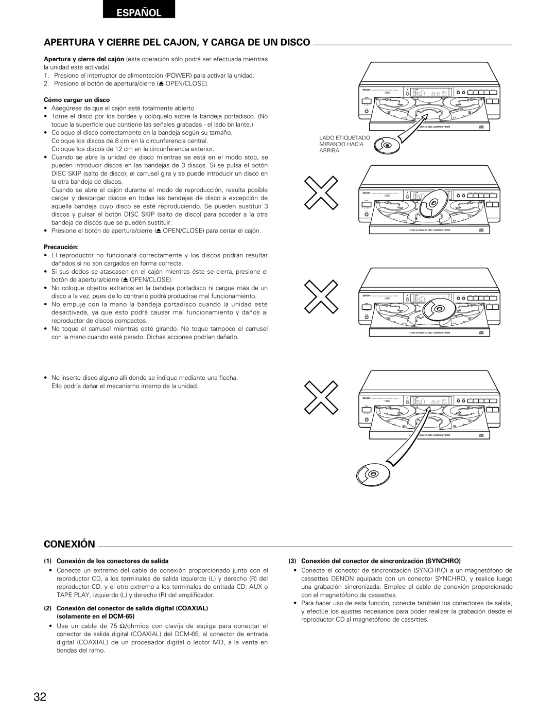 Denon DCM-65/35 manual Apertura Y Cierre DEL CAJON, Y Carga DE UN Disco, Conexión 