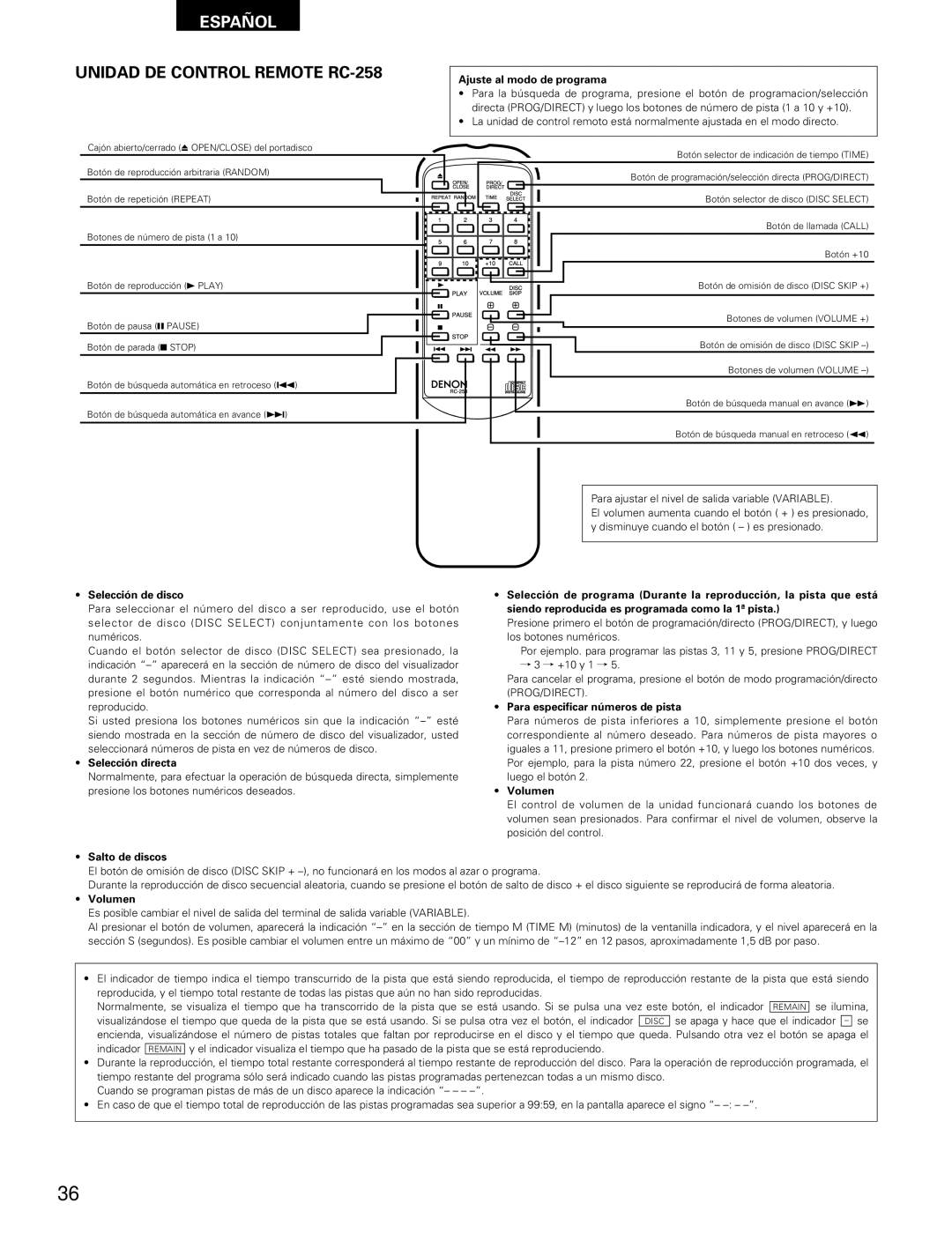 Denon DCM-65/35 manual Unidad DE Control Remote RC-258 