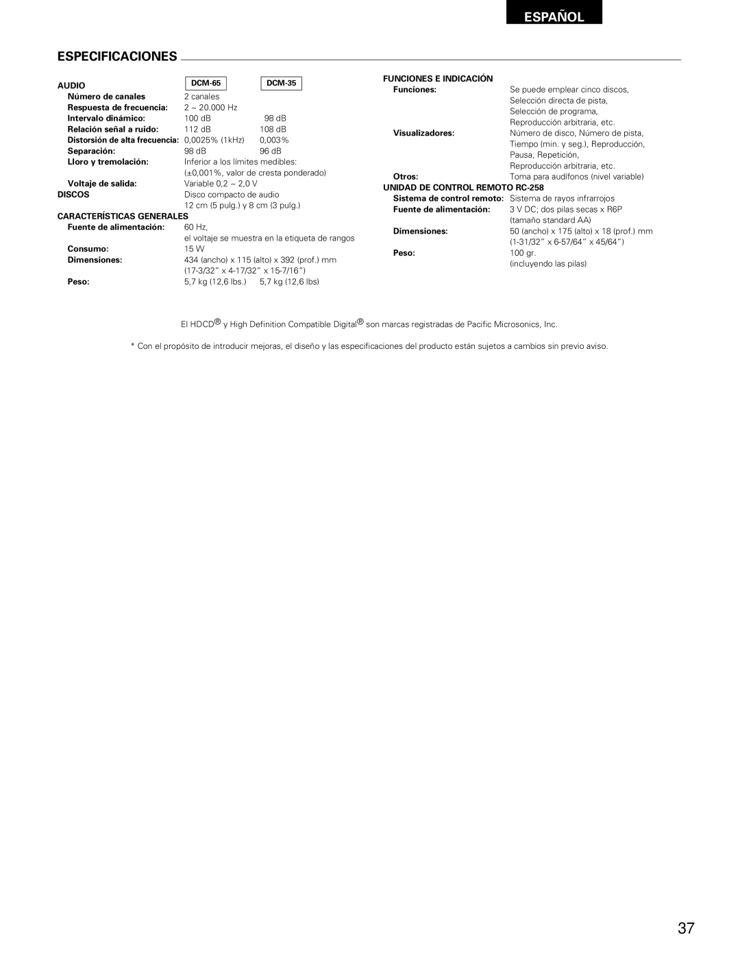 Denon DCM-65/35 manual Especificaciones, Discos, Características Generales, Funciones E Indicación 