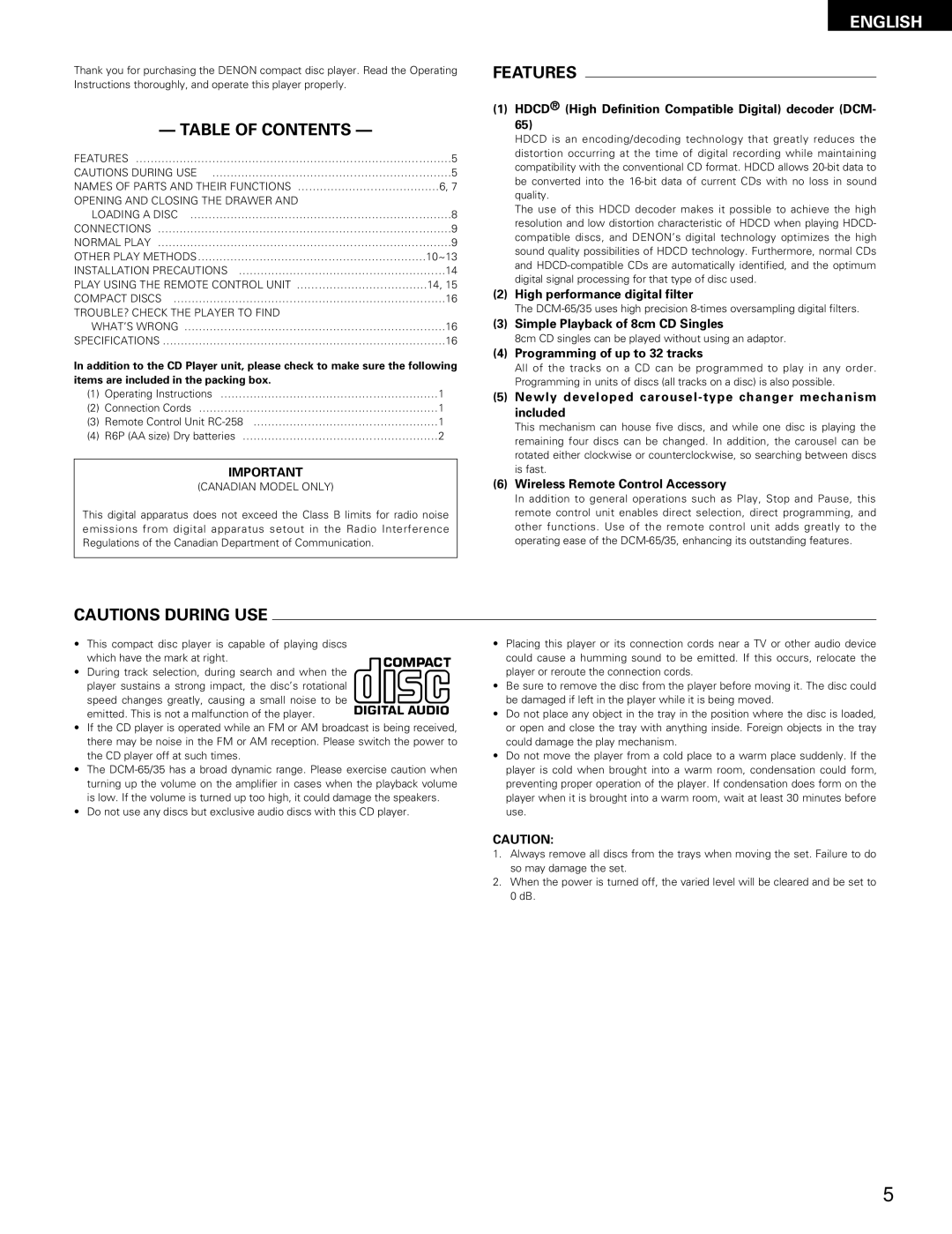 Denon DCM-65/35 manual Table of Contents, Features 