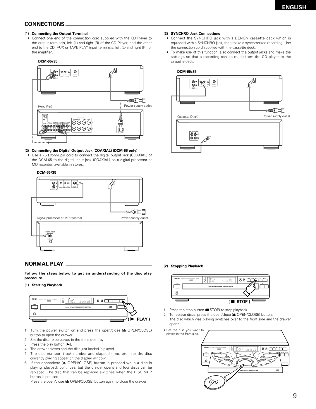 Denon DCM-65/35 manual Connections, Normal Play, Stop 