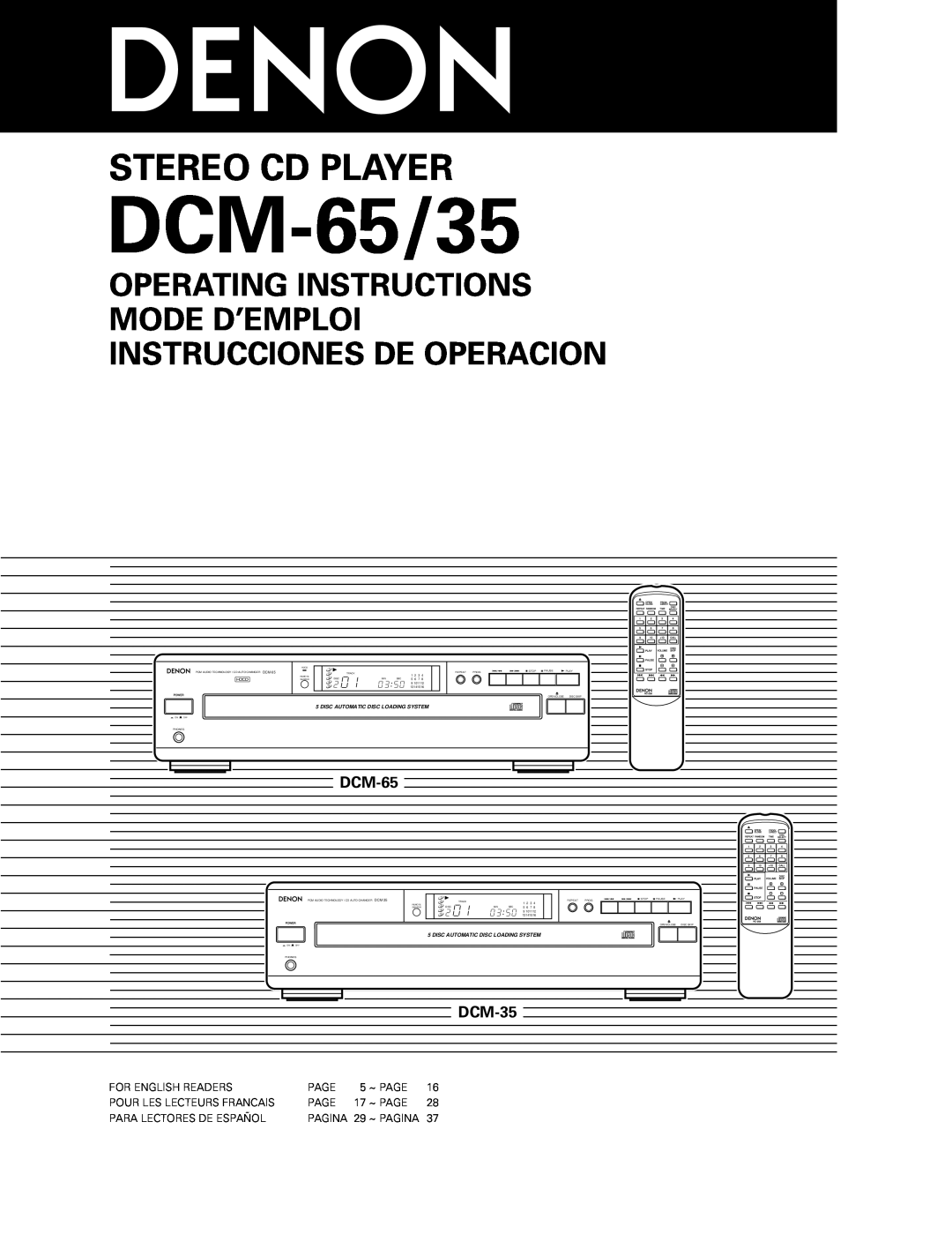 Denon DCM-65/35 manual Stereo Cd Player, Operating Instructions Mode D’Emploi, Instrucciones De Operacion, DCM-35 