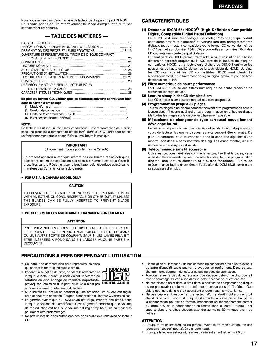 Denon DCM-65/35 manual Table Des Matieres, Francais, Caracteristiques, Precautions A Prendre Pendant L’Utilisation 