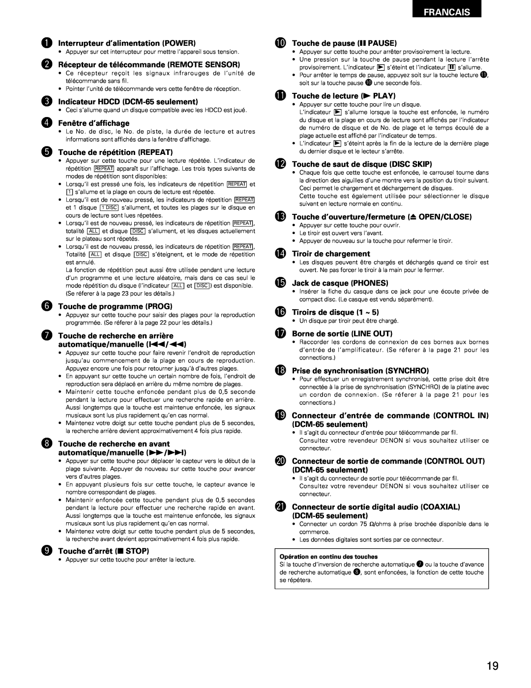 Denon DCM-65/35 manual Francais, q Interrupteur d’alimentation POWER 