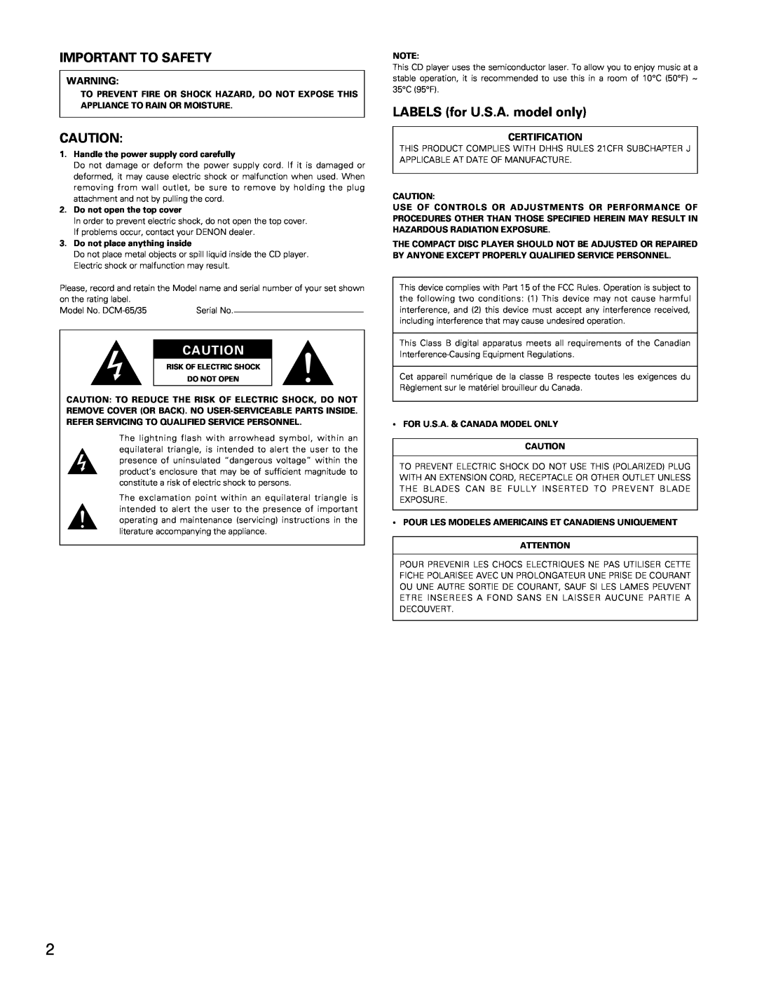Denon DCM-65/35 manual Important To Safety, LABELS for U.S.A. model only, Certification 