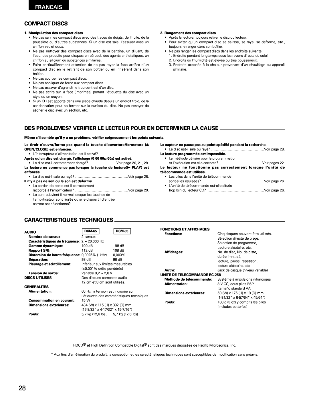 Denon DCM-65/35 manual Caracteristiques Techniques, Francais, Compact Discs 