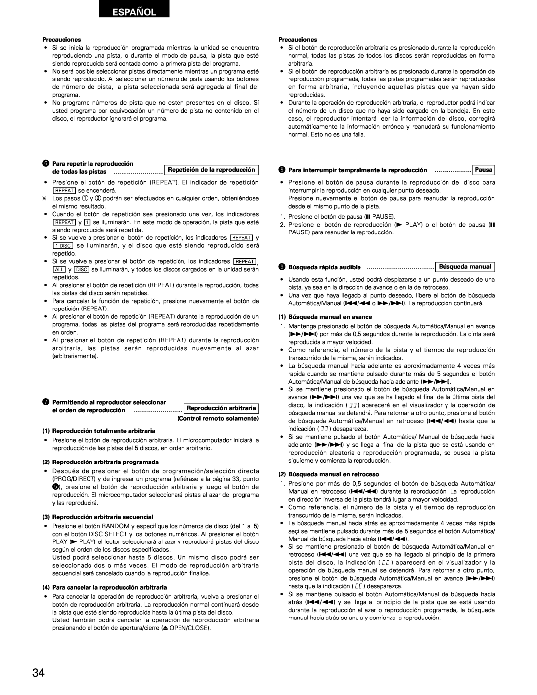 Denon DCM-65/35 manual Español, Precauciones 
