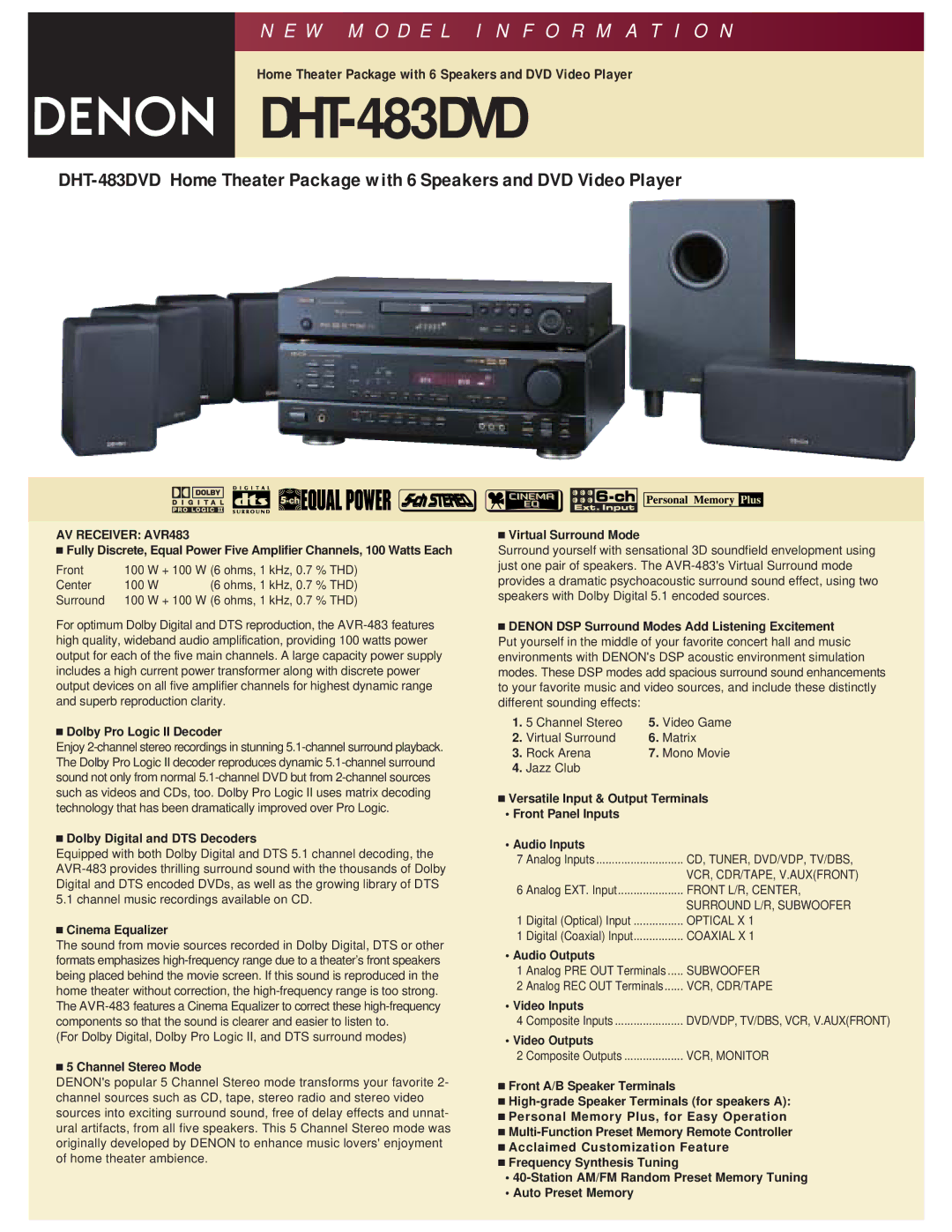 Denon DHT-483DVD manual Dolby Pro Logic II Decoder, Dolby Digital and DTS Decoders, Cinema Equalizer, Channel Stereo Mode 