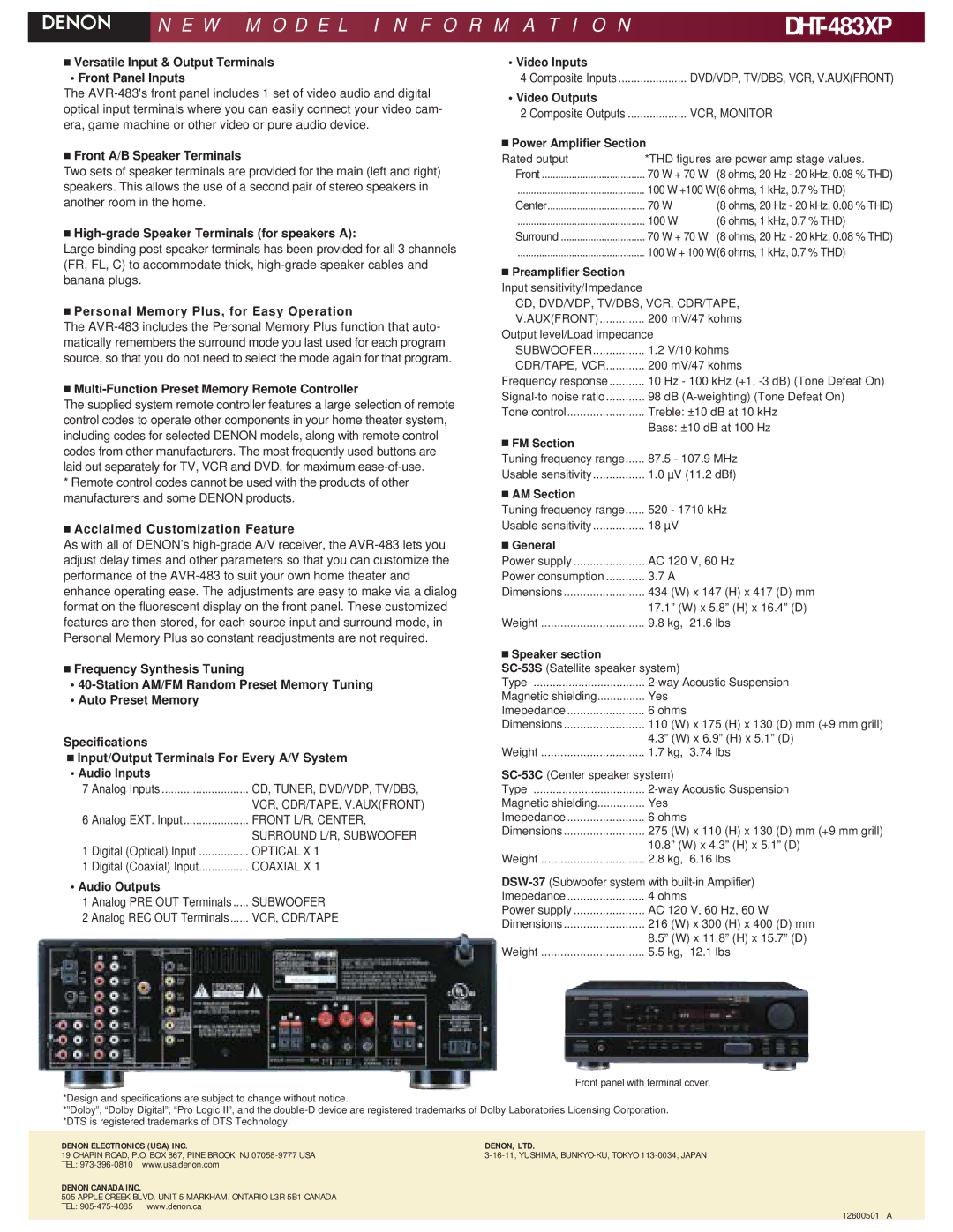 Denon DHT-483XP manual Versatile Input & Output Terminals Front Panel Inputs, Front A/B Speaker Terminals, Video Inputs 