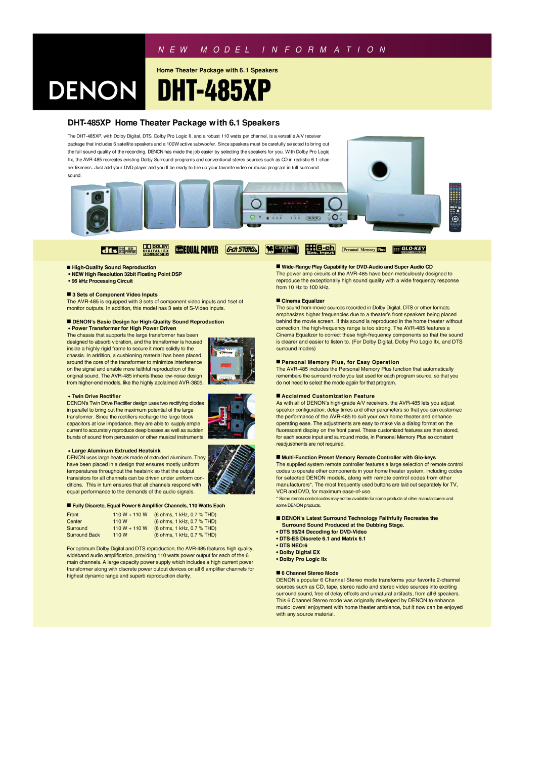 Denon DHT-485XP manual Twin Drive Rectifier, Large Aluminum Extruded Heatsink, Cinema Equalizer 