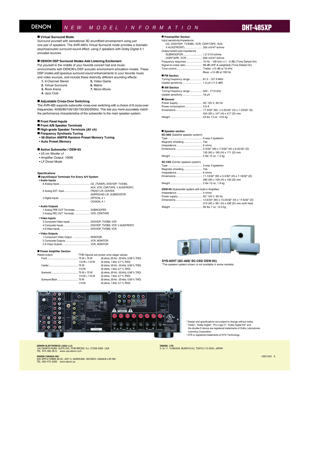 Denon DHT-485XP manual Virtual Surround Mode, Adjustable Cross-Over Switching, SYS-65HT SC-A65/ SC-C65/ DSW-65 