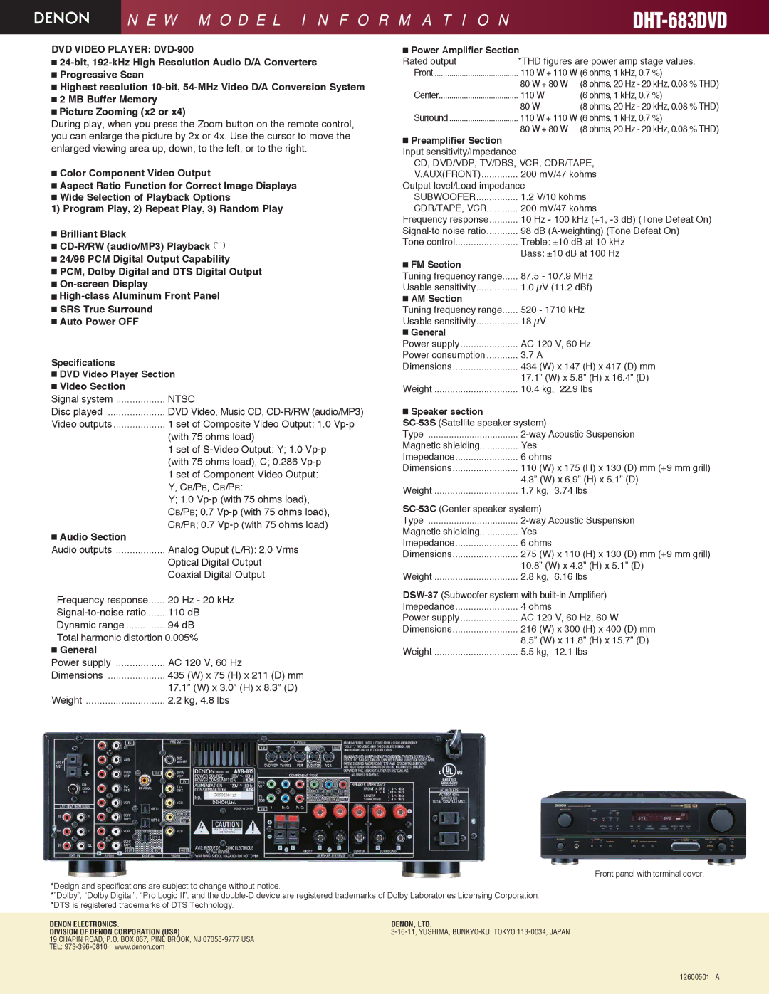 Denon DHT-683DVD Specifications DVD Video Player Section, Audio Section, Power Amplifier Section, FM Section, AM Section 