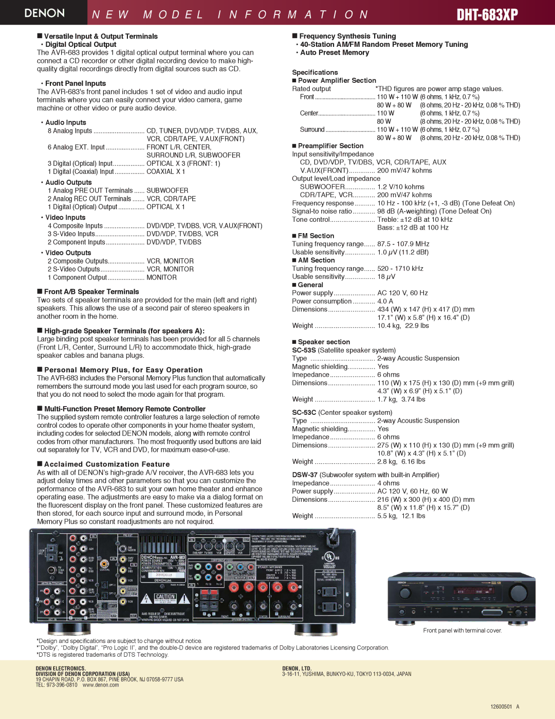 Denon DHT-683XP Versatile Input & Output Terminals Digital Optical Output, Front Panel Inputs, Audio Inputs, Audio Outputs 