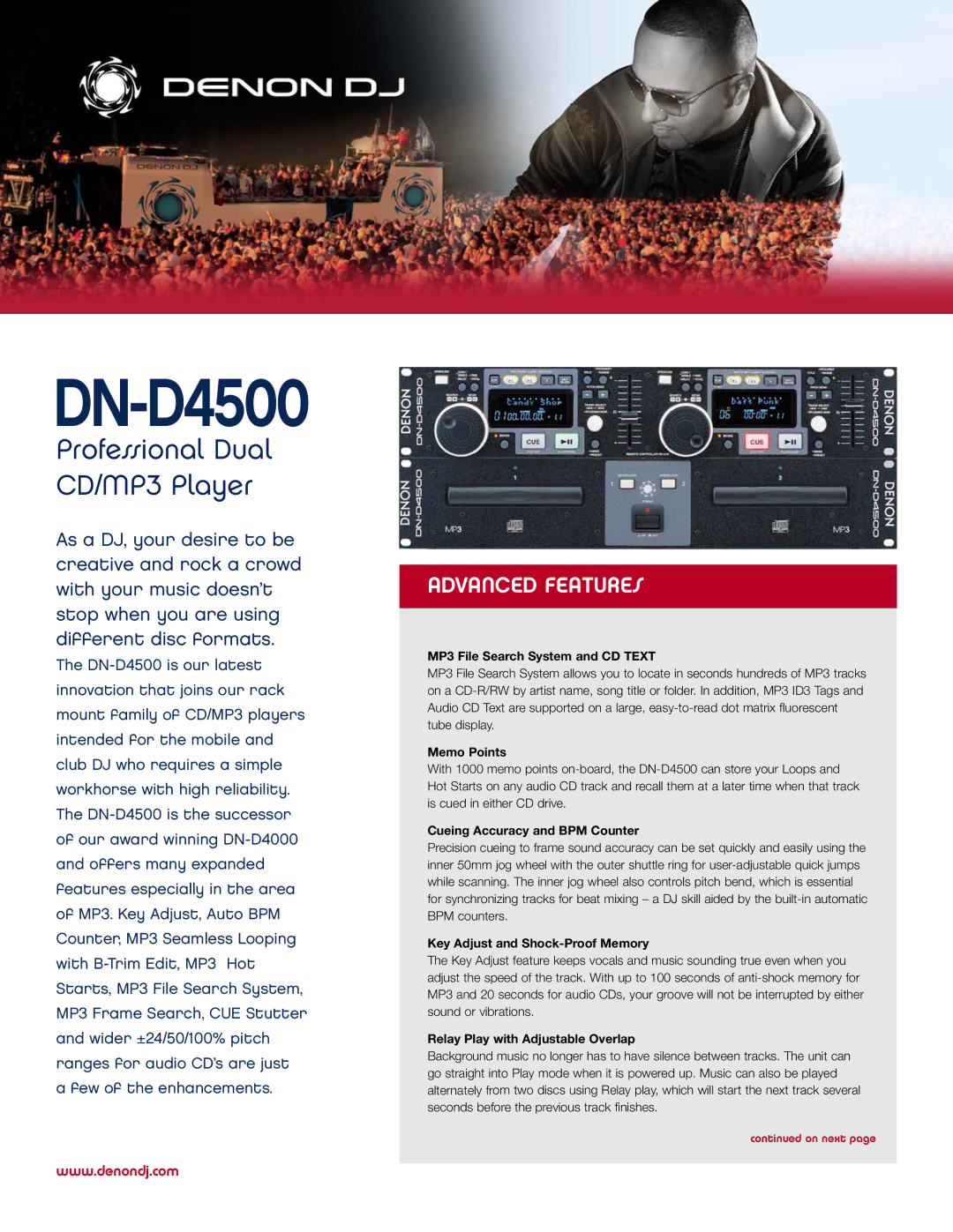 Denon DJ DN-D4500 manual MP3 File Search System and CD Text, Memo Points, Cueing Accuracy and BPM Counter 