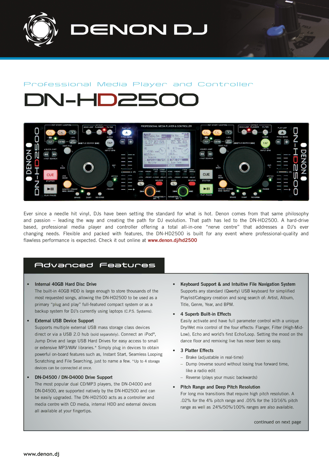 Denon DJ DN-HD2500 manual Internal 40GB Hard Disc Drive, External USB Device Support, DN-D4500 / DN-D4000 Drive Support 