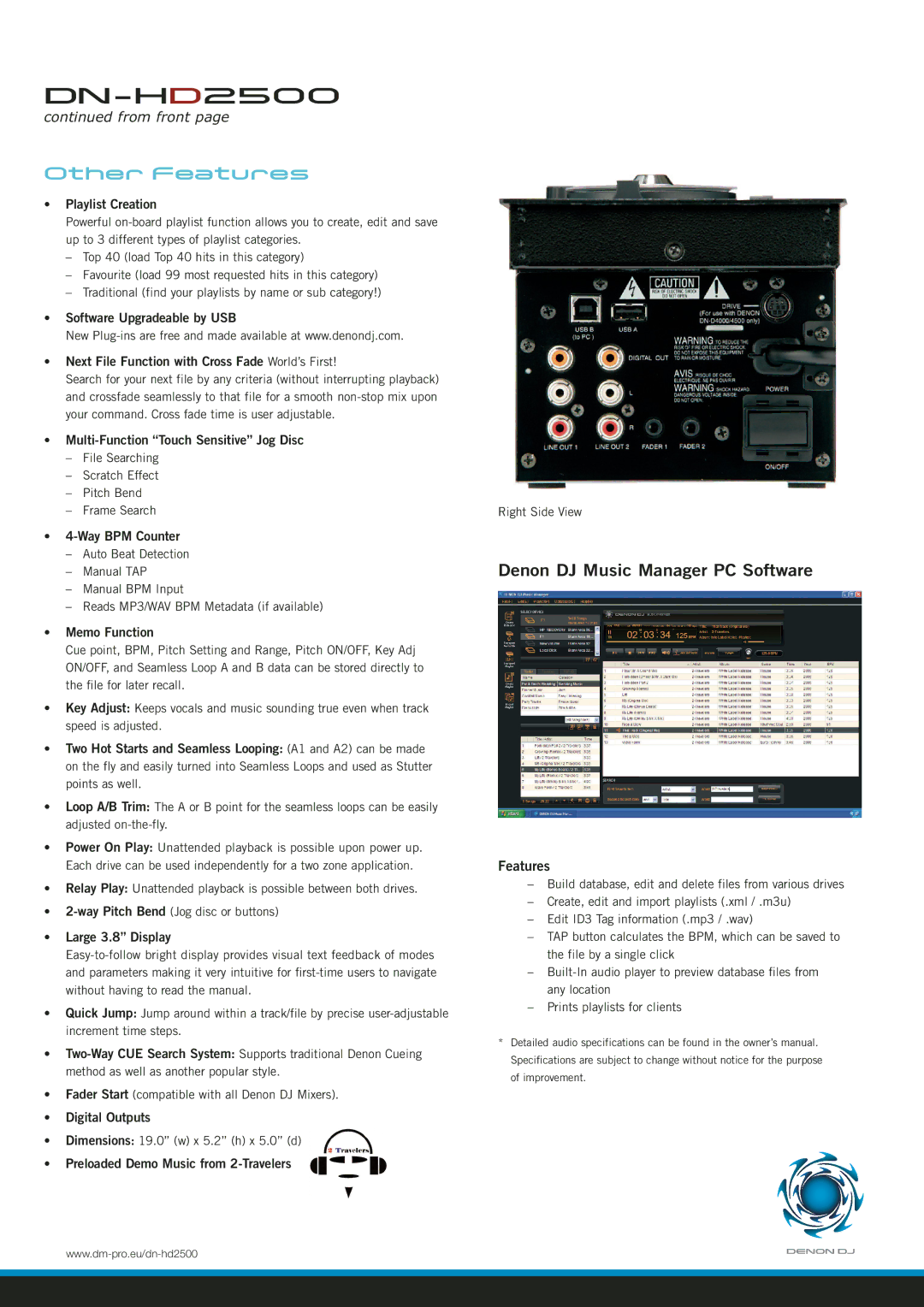 Denon DJ DN-HD2500 manual Playlist Creation, Multi-Function Touch Sensitive Jog Disc, Way BPM Counter, Memo Function 