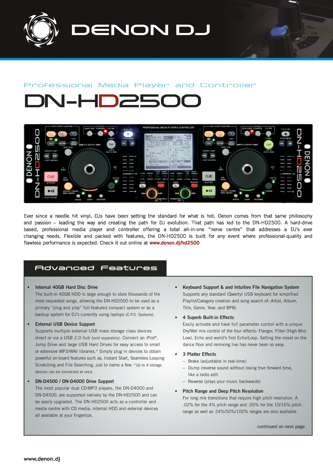 Denon DJ DN-HD2500 manual Advanced Features, Professional Media Player and Controller, continued on next page 