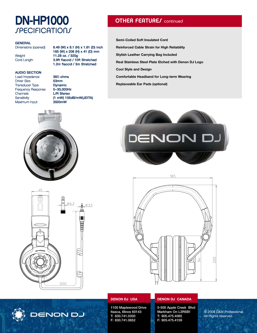 Denon DJ DN-HP1000 manual Specifications, OTHER FEATURES continued, Denon Dj Usa, Denon Dj Canada 