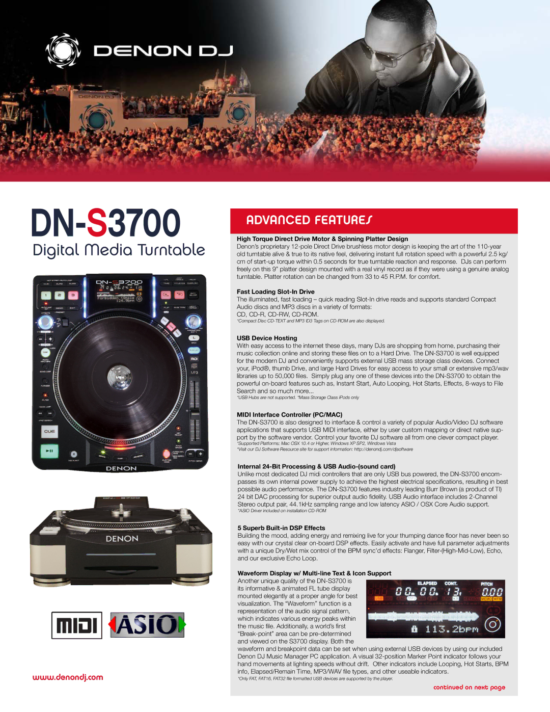 Denon DJ DN-S3700 specifications High Torque Direct Drive Motor & Spinning Platter Design, Fast Loading Slot-In Drive 