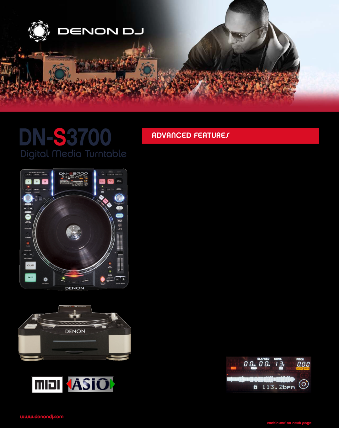 Denon DJ DN-S3700 specifications Digital Media Turntable, Advanced Features, continued on next page 