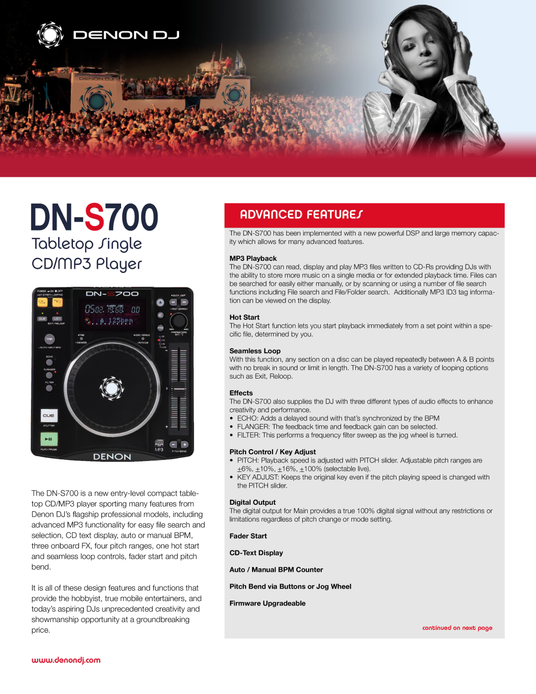 Denon DJ DN-S700 manual MP3 Playback, Hot Start, Seamless Loop, Effects, Pitch Control / Key Adjust, Digital Output 