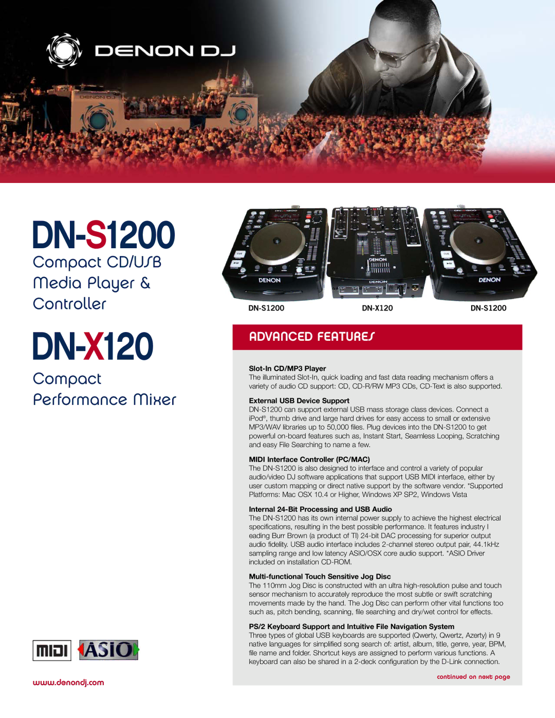 Denon DJ DN-S1200 specifications Slot-In CD/MP3 Player, External USB Device Support, Midi Interface Controller PC/MAC 