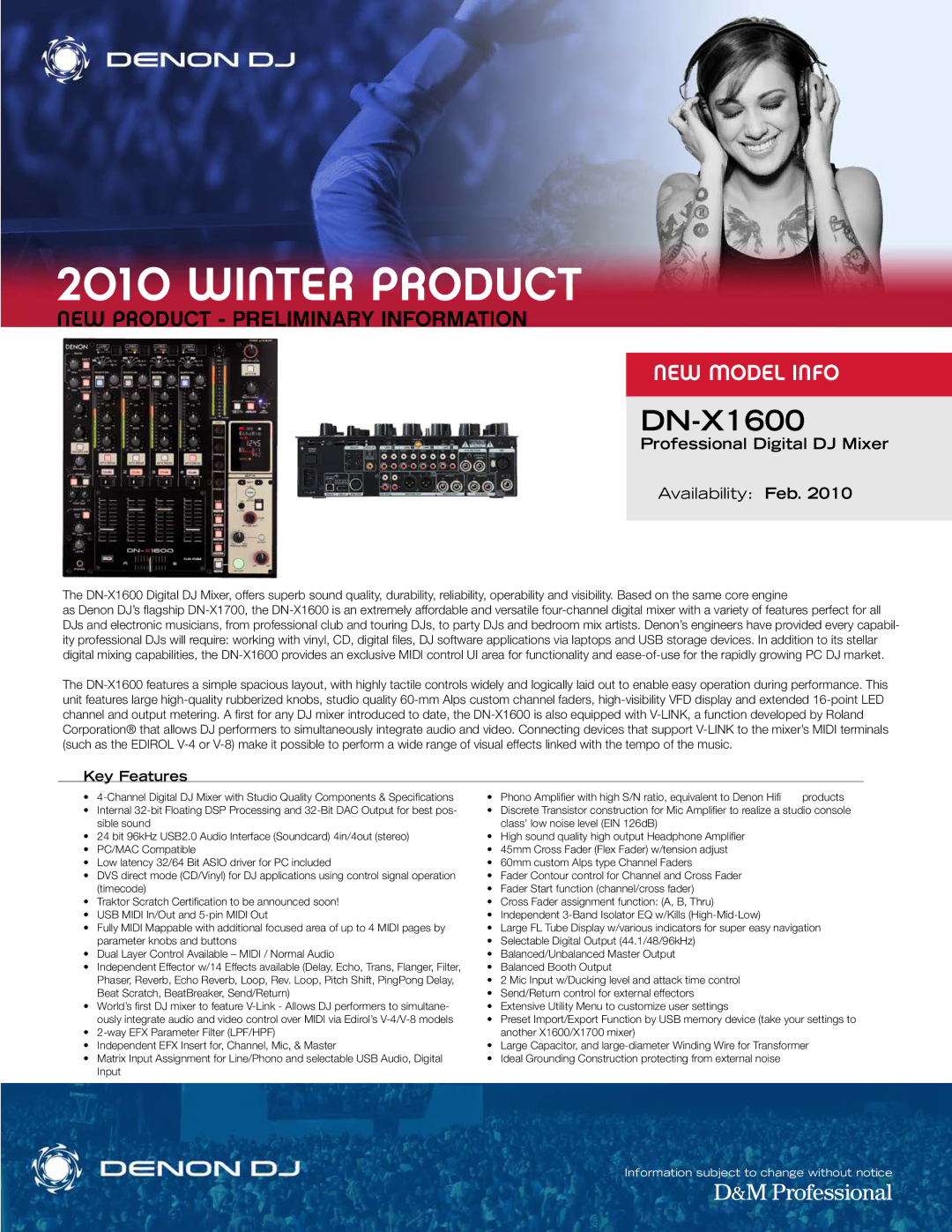 Denon DJ DN-X1600 specifications Winter Product, Professional Digital DJ Mixer, Availability Feb, Key Features 