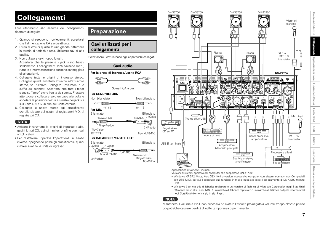 Denon DJ DN-X1700 manual Collegamenti, Preparazione, Per SEND/RETURN, Per MIC, Per Balanced Master OUT 