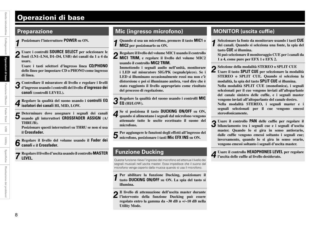 Denon DJ DN-X1700 manual Operazioni di base, Mic ingresso microfono, Funzione Ducking 