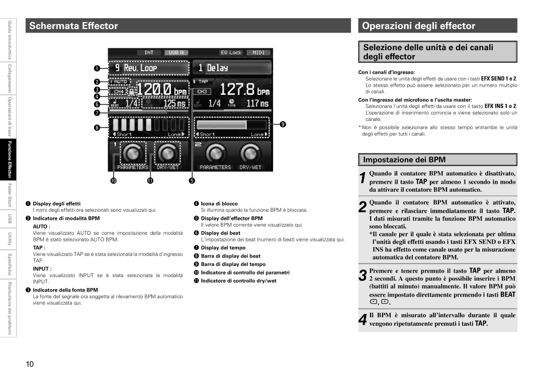 Denon DJ DN-X1700 manual Schermata Effector Operazioni degli effector, Impostazione dei BPM, Auto, Input 