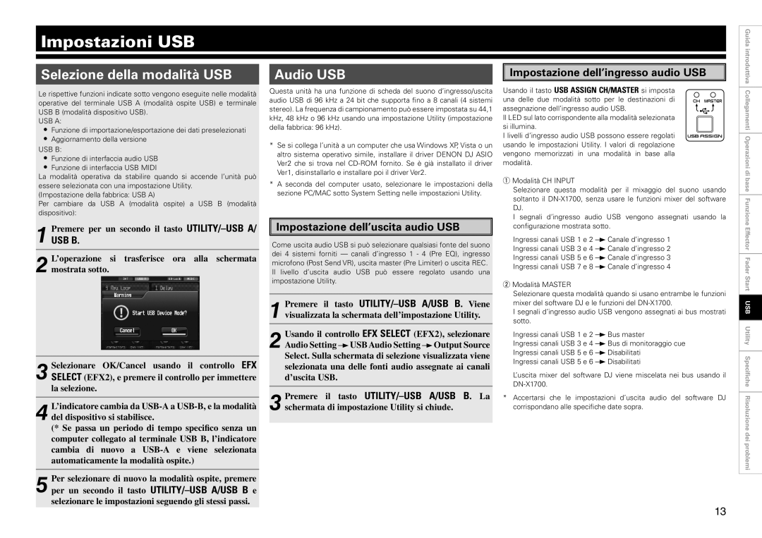 Denon DJ DN-X1700 Impostazioni USB, Selezione della modalità USB Audio USB, Impostazione dell’uscita audio USB, USB a 