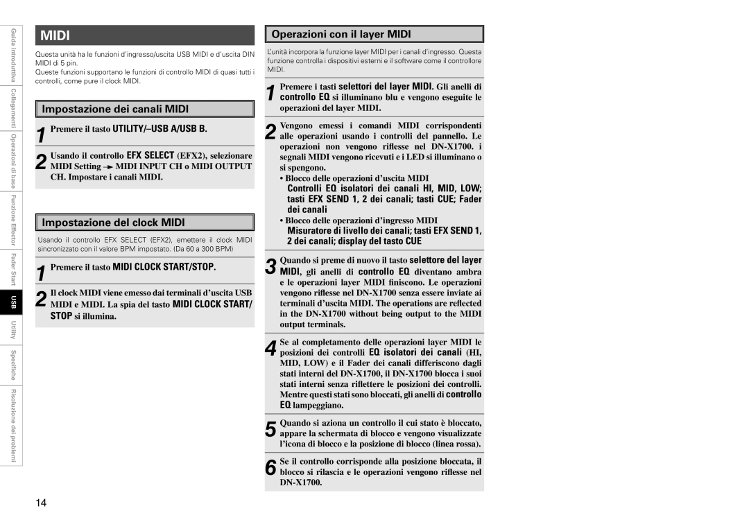 Denon DJ DN-X1700 manual Impostazione dei canali Midi, Impostazione del clock Midi, Operazioni con il layer Midi 