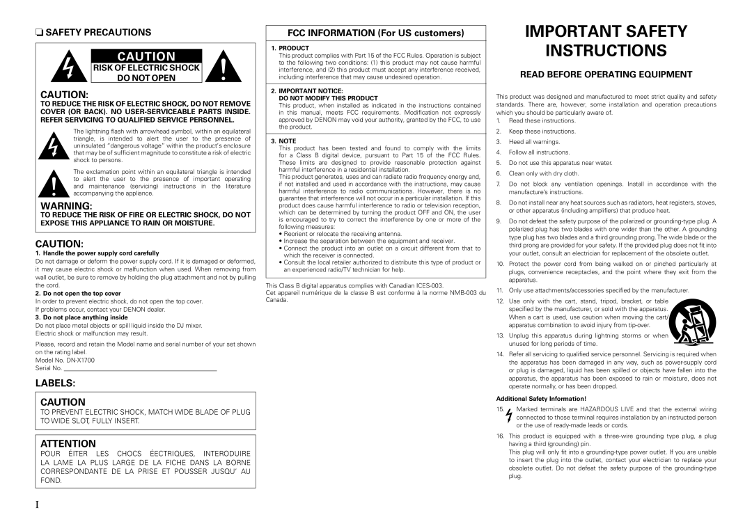 Denon DJ DN-X1700 manual Important Safety Instructions 