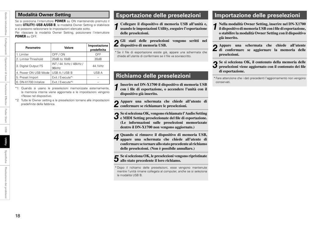 Denon DJ DN-X1700 manual Esportazione delle preselezioni, Richiamo delle preselezioni, Importazione delle preselezioni 