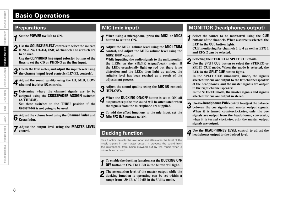 Denon DJ DN-X1700 owner manual Basic Operations, MIC mic input, Ducking function, Monitor headphones output 