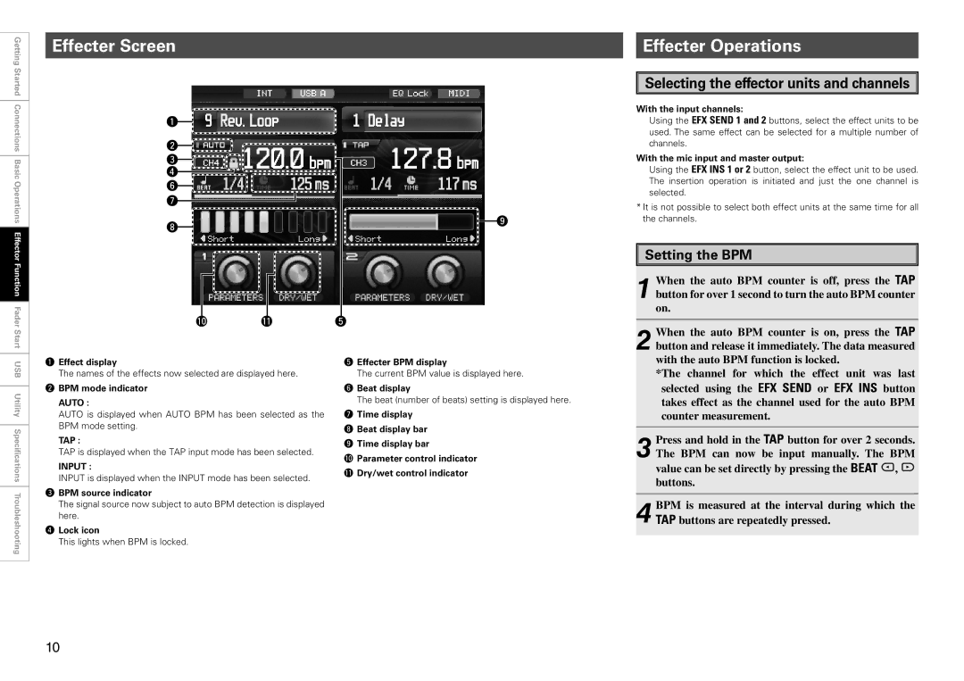 Denon DJ DN-X1700 owner manual Effecter Screen, Effecter Operations, Setting the BPM, Auto, Input 