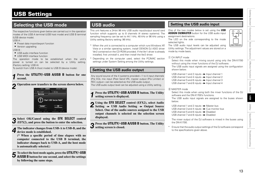 Denon DJ DN-X1700 owner manual USB Settings, Selecting the USB mode USB audio, Setting the USB audio input 