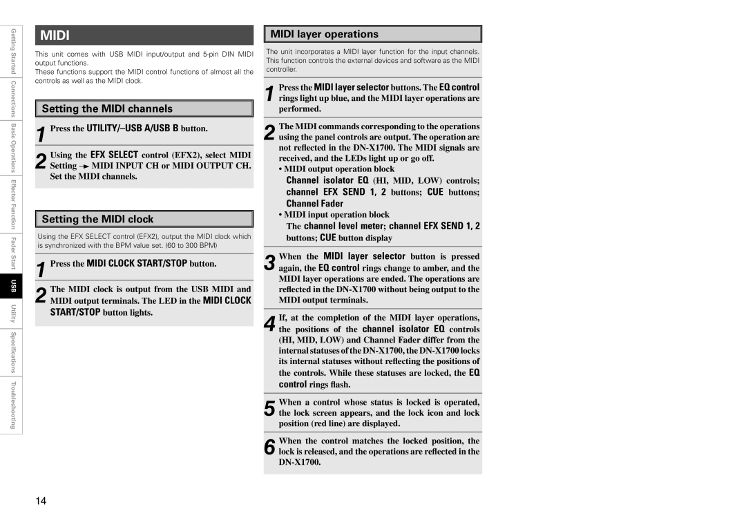 Denon DJ DN-X1700 owner manual Setting the Midi channels, Setting the Midi clock, Midi layer operations 