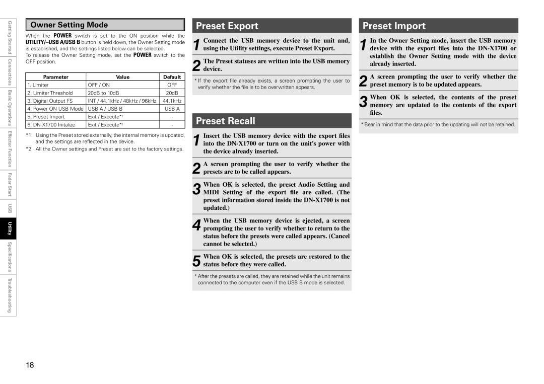 Denon DJ DN-X1700 owner manual Preset Export, Preset Recall, Preset Import, Owner Setting Mode, Parameter Value Default 