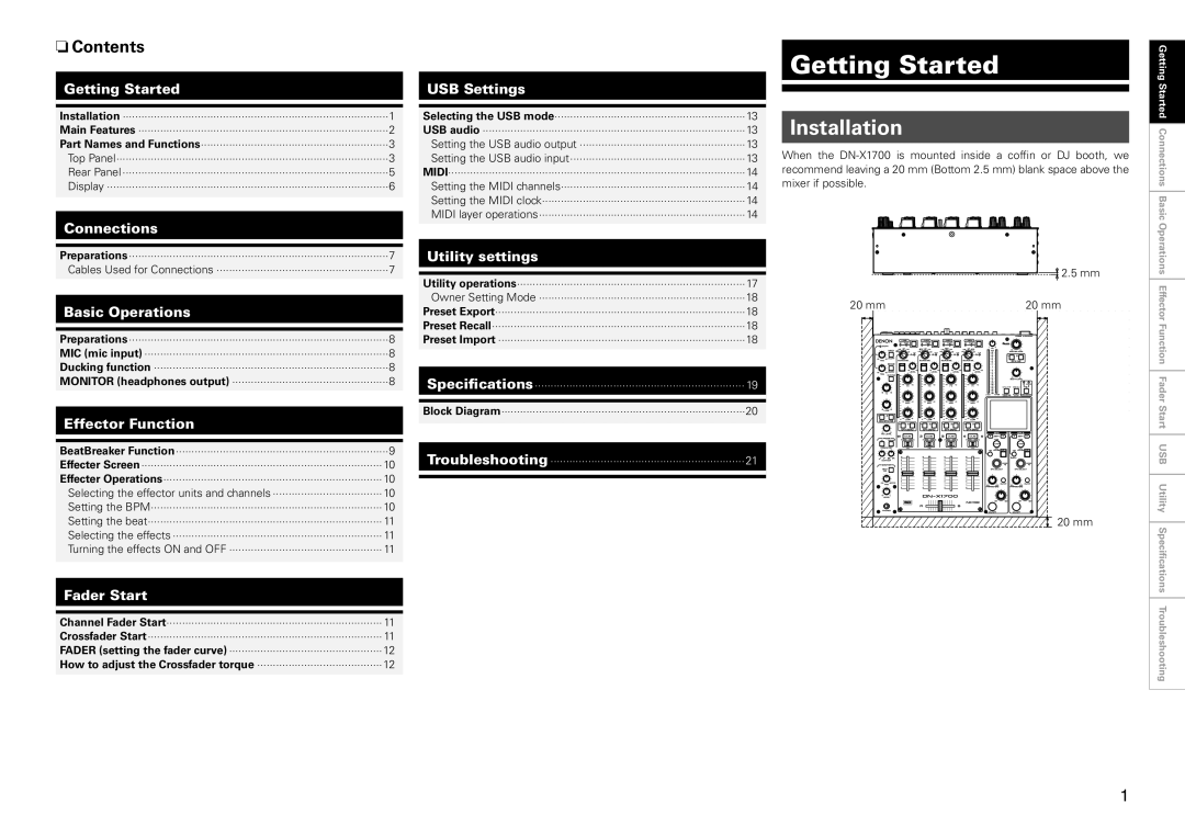 Denon DJ DN-X1700 owner manual Getting Started, Installation, Contents 