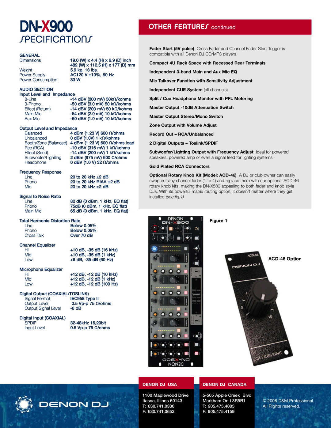 Denon DJ DN-X900 manual Specifications, OTHER FEATURES continued, Denon Dj Usa, Denon Dj Canada 