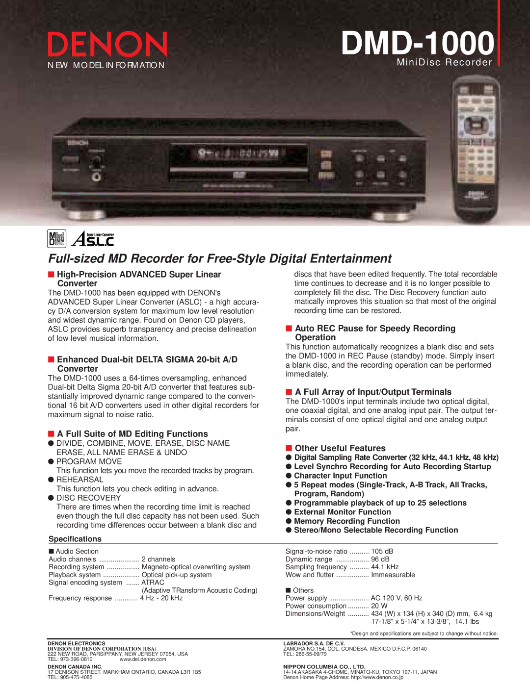 Denon DMD-1000 specifications High-Precision Advanced Super Linear Converter, Full Suite of MD Editing Functions 