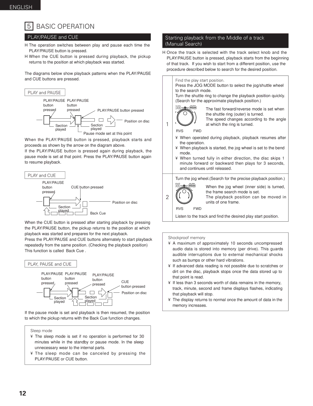 Denon DN-2100F Basic Operation, PLAY/PAUSE and CUE, Starting playback from the Middle of a track Manual Search 