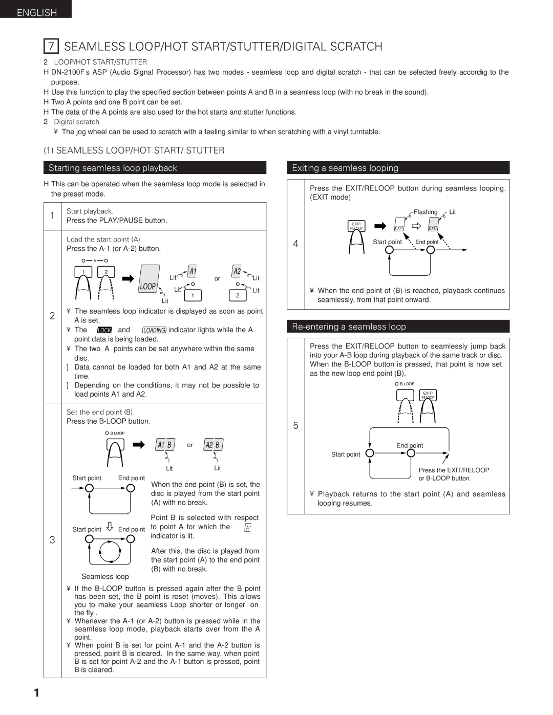 Denon DN-2100F Seamless LOOP/HOT START/STUTTER/DIGITAL Scratch, Exiting a seamless looping, Re-entering a seamless loop 