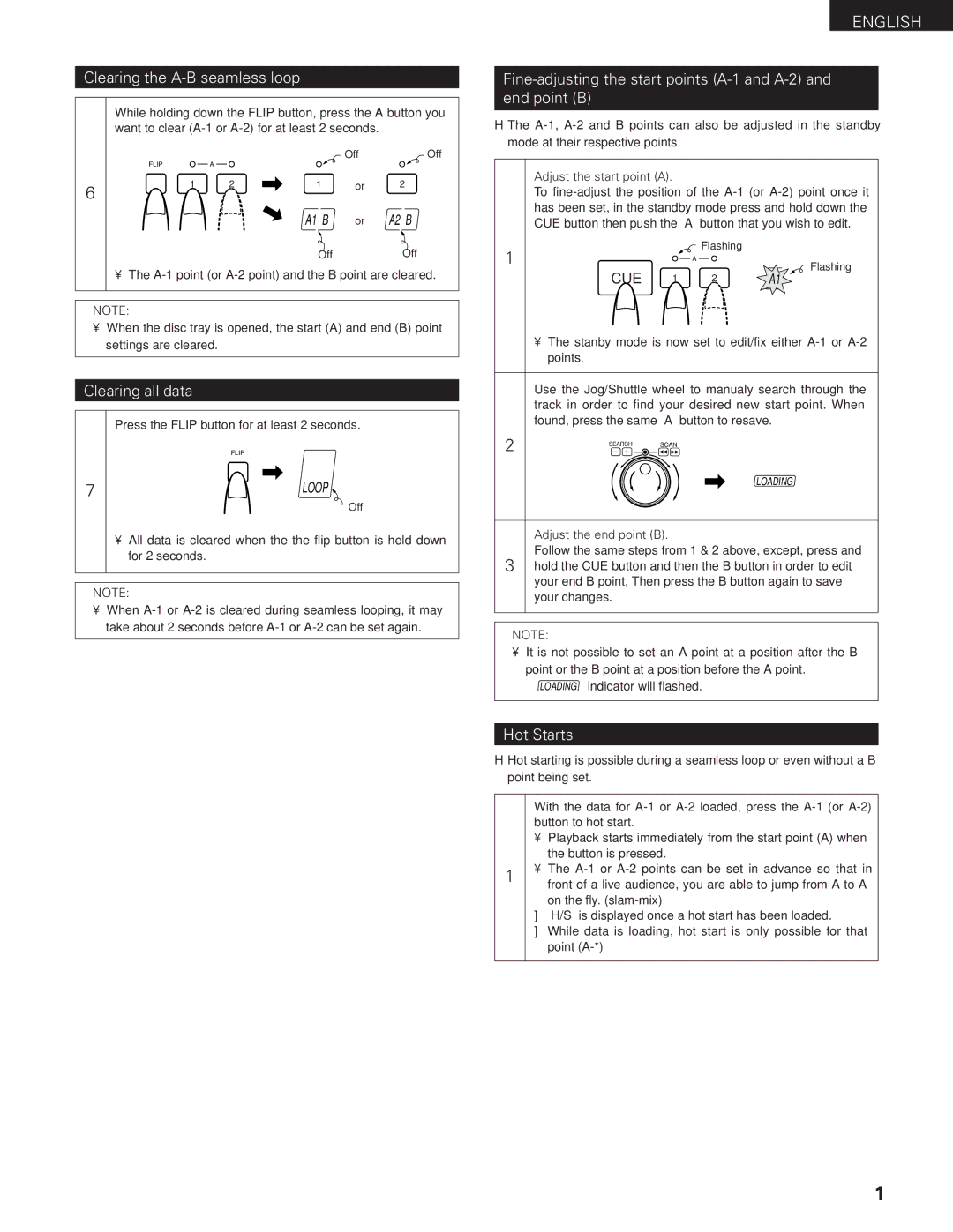 Denon DN-2100F operating instructions Clearing the A-B seamless loop, Clearing all data, Hot Starts 