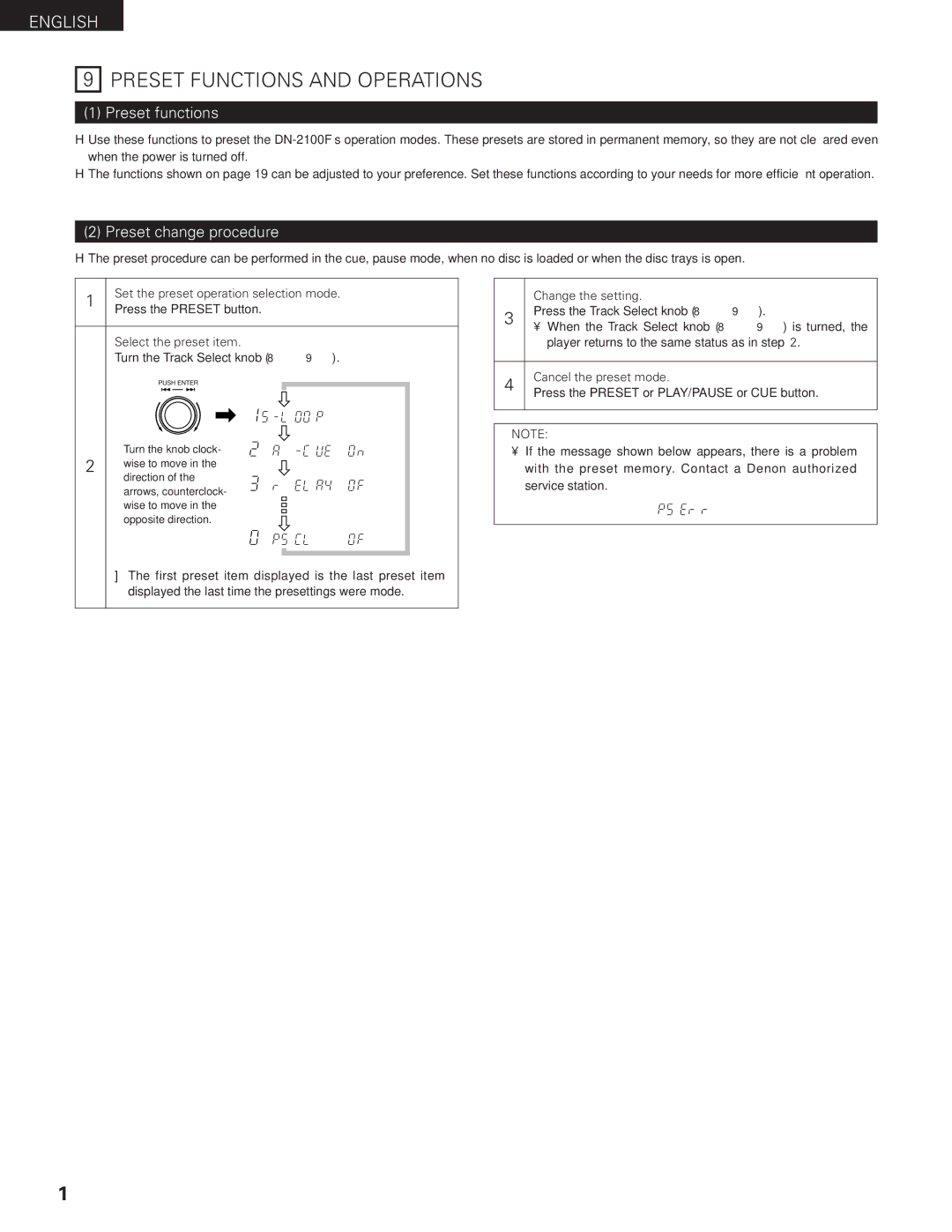 Denon DN-2100F Preset Functions and Operations, Preset functions, Preset change procedure, Change the setting 