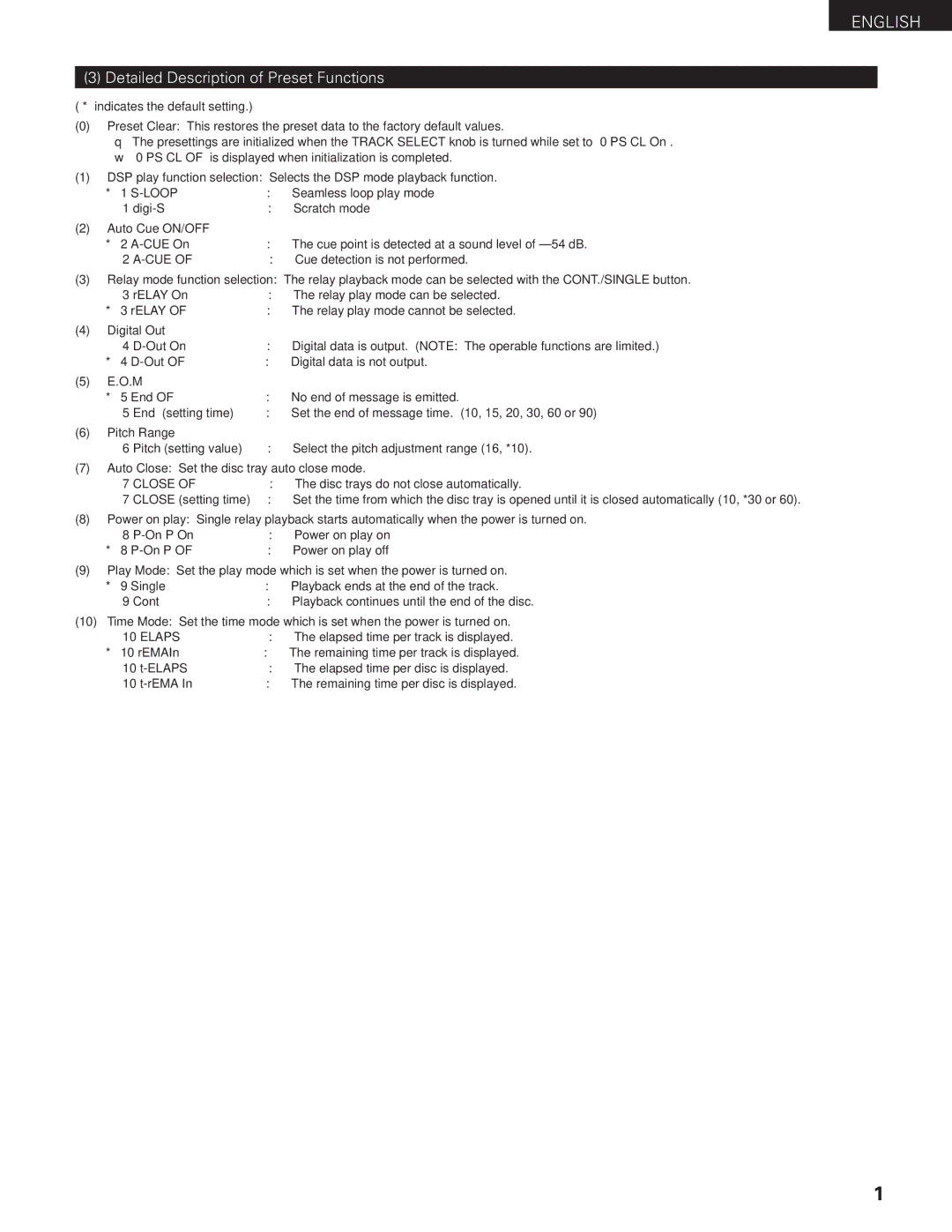 Denon DN-2100F operating instructions Detailed Description of Preset Functions, Cue 