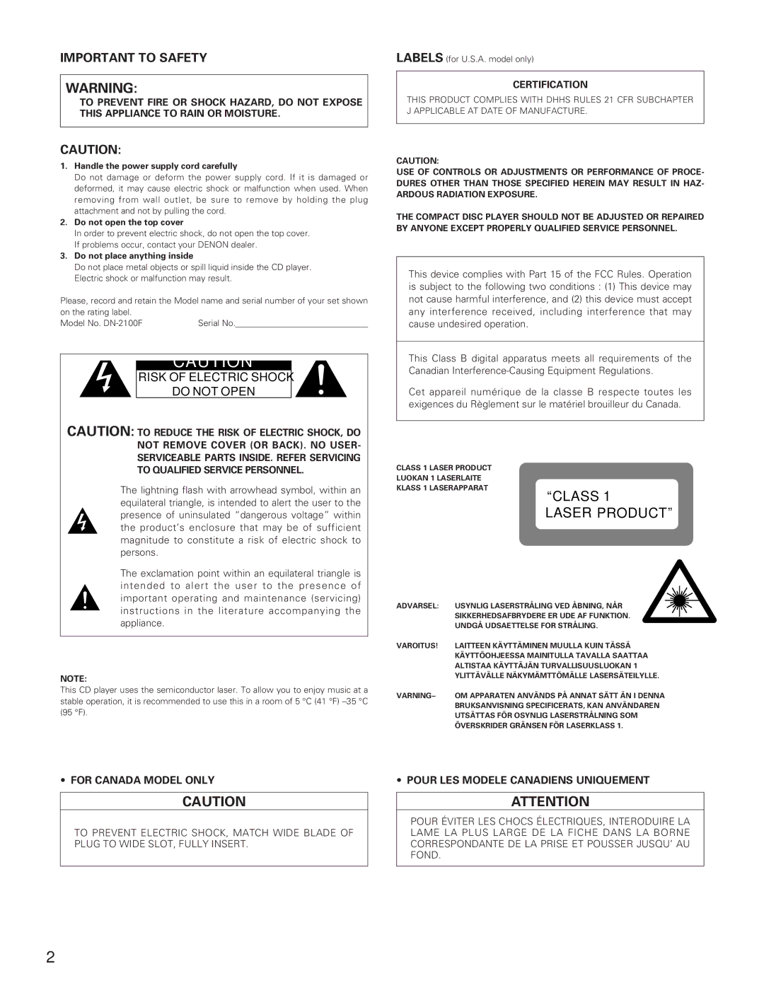 Denon DN-2100F operating instructions Class Laser Product 