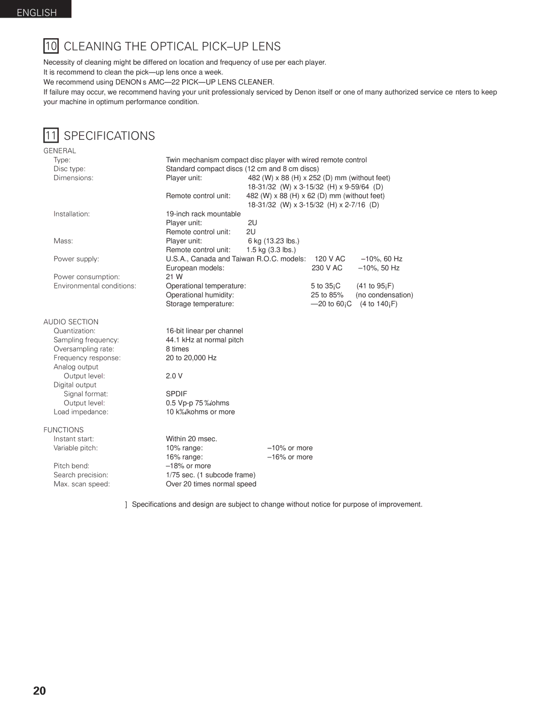 Denon DN-2100F operating instructions Cleaning the Optical PICK-UP Lens, Specifications 